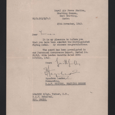 Letter to Charles Turner from Officer Commanding RAF Wratting Common